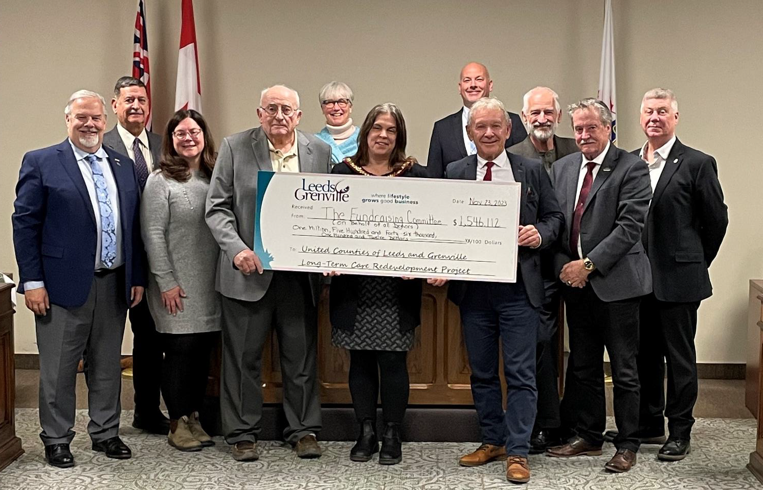 Maple View Lodge Redevelopment Fundraising Committee presents Counties Council with a cheque in the amount of  $1,546,112, over half of the fundraising campaign goal of $3 million. (Left to right) Brant Burrow, Jeff Shaver, Corinna  Smith-Gatcke, Herb Scott, Robin Jones, Warden Nancy Peckford, Tory Deschamps, Doug Struthers, Arie Hoogenboom,  Roger Haley, Michael Cameron