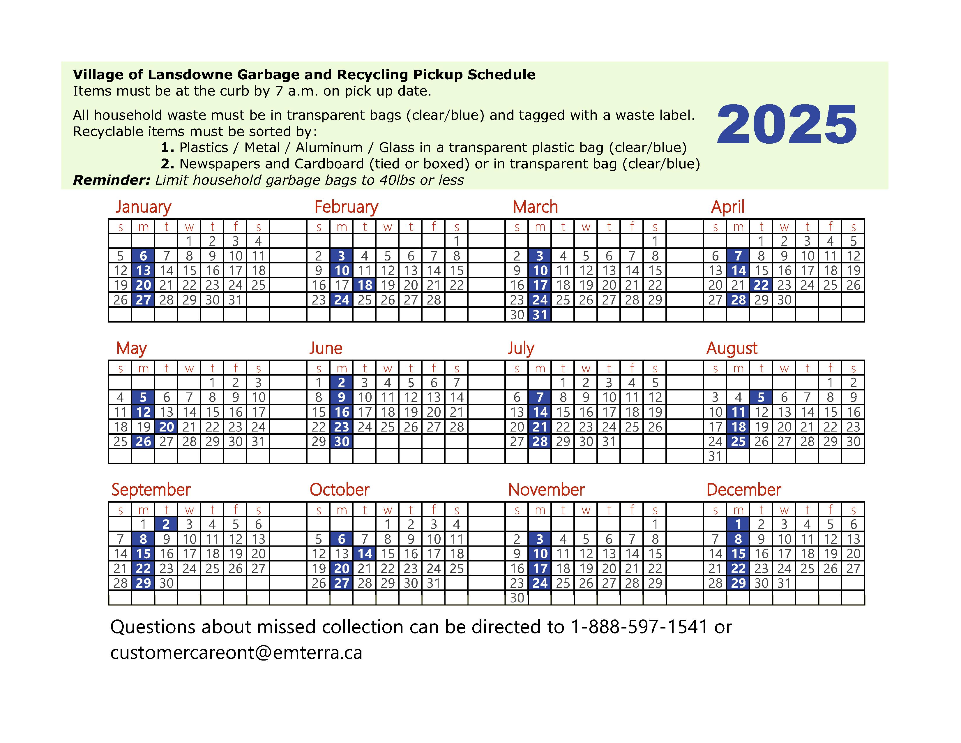 Lansdowne Curbside pickup calendar