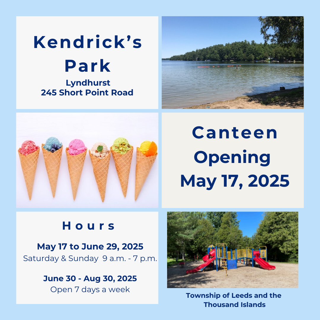Poster with information about Kendrick's Park being open  and serving ice cream May 17 to August 20 