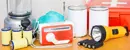 emergency preparedness supplies, including a flashlight with batteries, lantern, crank radio, first aid kit, two cans