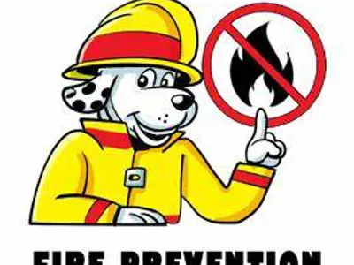 picture of a fire prevention dog and text Fire Prevention Week
