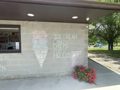 Building with chalk art on the right which looks like an icecream cone