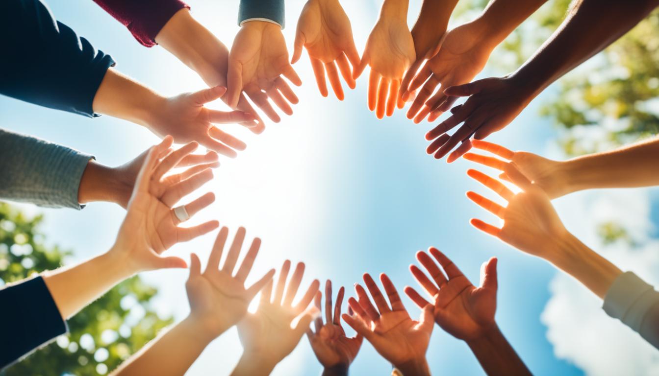 a group of hands raised together in a circle with the sky in the background
