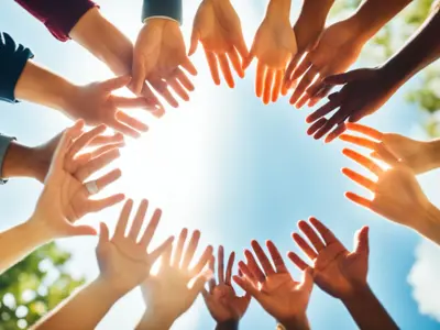 a group of hands raised together in a circle with the sky in the background