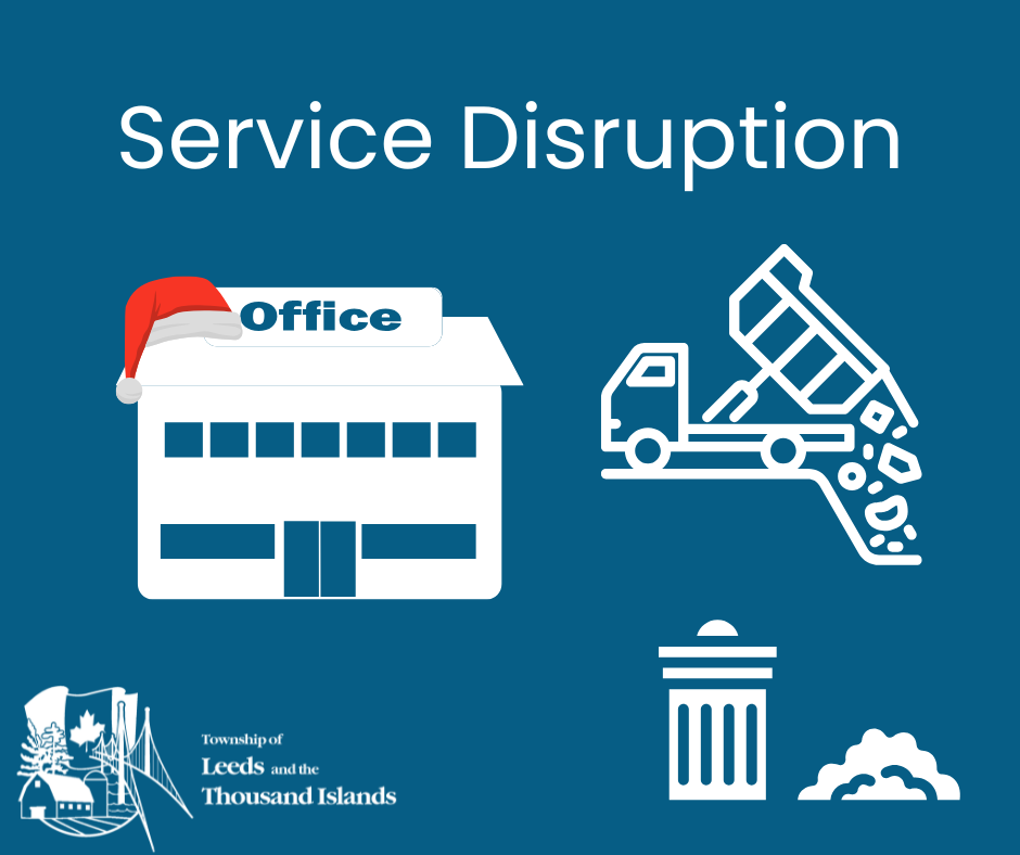 Service Disruption with a  graphic of an office, with a red santa hat at the top left corner, a garbage truck and a garbage can