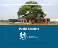 Public meeting with a summer shot the Township Administrative office in the background, with green grass and trees