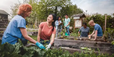 people working on a community garden plot