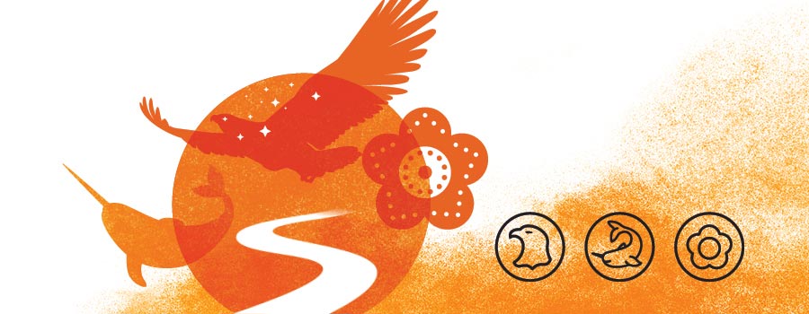 orange sun, with a white road leading into the sun with a narwal, eagle and flower in the foreground.  Black icons to the left of the image or an eagle, fish and flower