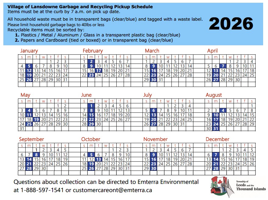 Village of Lansdowne Garbage and Recycling Pickup Schedule for the 2026 year