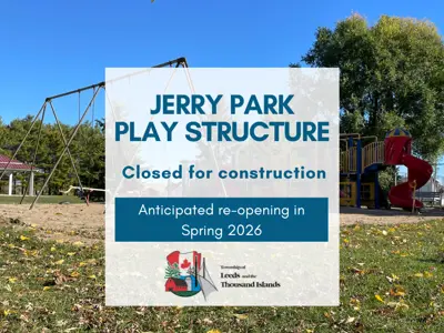 Jerry Park Play Structure, closed for construction anticipated r-opening Spring 2026, township logo.  In background is an image of the play structure in the park.